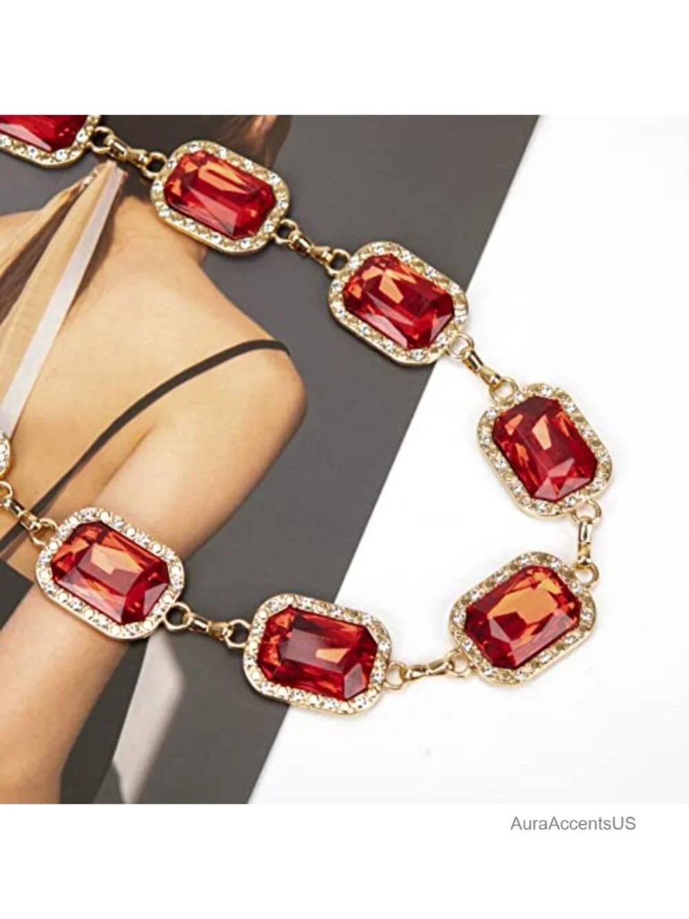 Green Glass Diamond Chain Belt - Retro Chain Belt for Women, Zinc Alloy